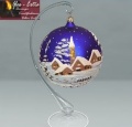 Glaskugel 14 cm Blau mit Weihnachtsmotiv 2 mit Glasständer